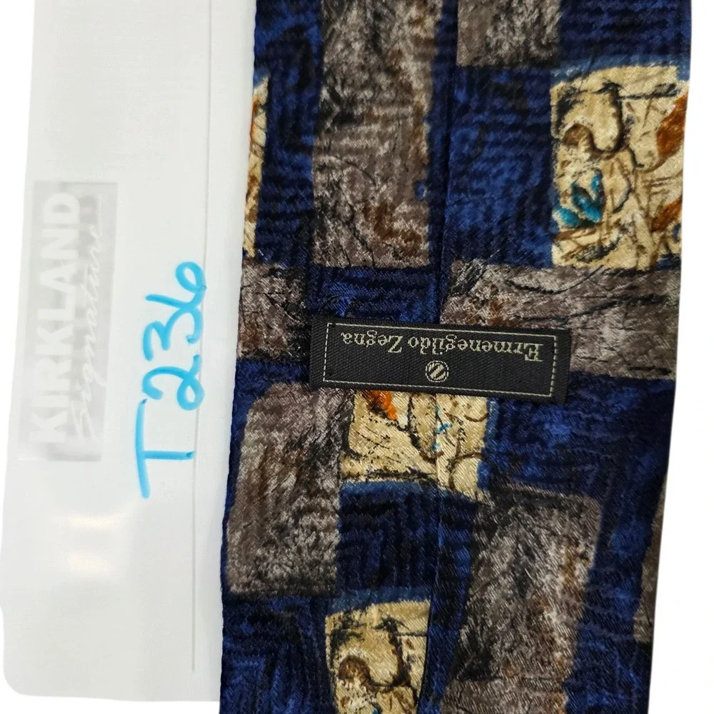 Ermenegildo Zegna Mens Tie Navy Blue Gray Silk‎ Floral Plaid Classic Designer